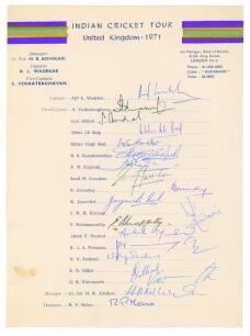 India tour to England 1971. Official autograph sheet with printed title and players’ names, signed in ink by all nineteen of the listed members of the touring party. Signatures are Wadekar (Captain), Venkataraghavan, Abidali, Baig, Bedi, Chandrasekhar, En