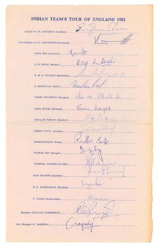 India tour to England 1982. Official autograph sheet with printed title and players’ names, fully signed in ink by all eighteen members of the India touring party. Signatures are Gavaskar, (Captain), Vishwanath, Kapil Dev, Doshi, Kirmani, Madal Lal, Malho