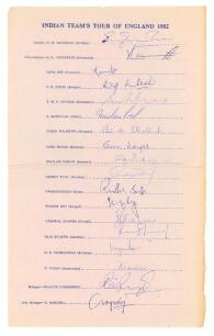 India tour to England 1982. Official autograph sheet with printed title and players’ names, fully signed in ink by all eighteen members of the India touring party. Signatures are Gavaskar, (Captain), Vishwanath, Kapil Dev, Doshi, Kirmani, Madal Lal, Malho