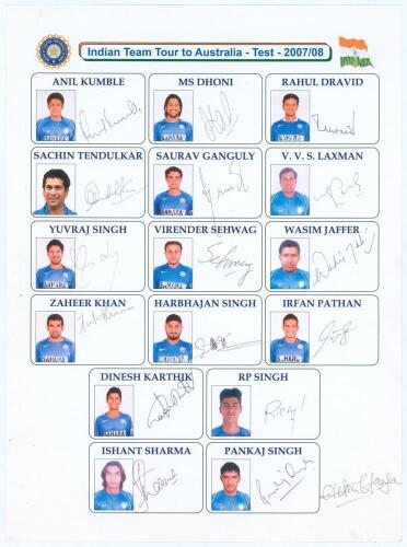 ‘Indian Team Tour to Australia- Test- 2007/08’. Official(?) autograph sheet with printed title, players’ names and colour images of each player. Fully signed by all sixteen players and one other. Players’ signatures are Anil Kumble, M.S. Dhoni, Rahul Drav