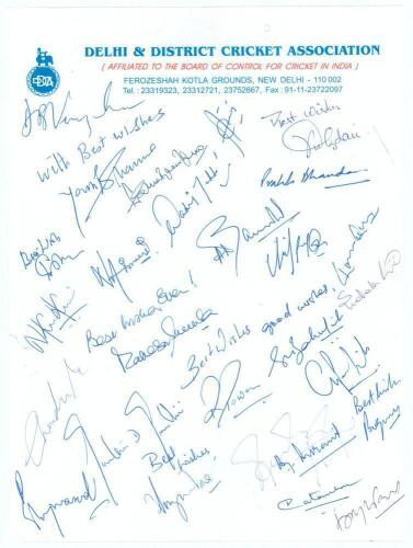 Indian Test cricketers. ‘Delhi & District Cricket Association’ headed page signed in ink by twenty six Indian Test cricketers. Signatures include Vengsarkar, Sharma, Kirmani, Bhandari, Srikkanth, Kulkarni, Hirwani, Gaekwad, Chandrasekhar, Rao, Gambhir, Pr