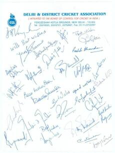 Indian Test cricketers. ‘Delhi & District Cricket Association’ headed page signed in ink by twenty six Indian Test cricketers. Signatures include Vengsarkar, Sharma, Kirmani, Bhandari, Srikkanth, Kulkarni, Hirwani, Gaekwad, Chandrasekhar, Rao, Gambhir, Pr