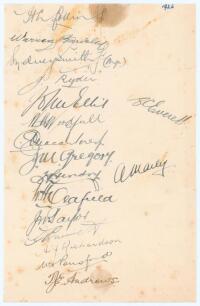 Australia tour to England 1926. Page nicely and fully signed in ink by the seventeen members of the Australian touring party. Signatures are Collins (Captain), Bardsley, Ryder, Ellis, Everett, Woodfull, Macartney, Gregory, Hendry, Mailey, Oldfield, Taylor