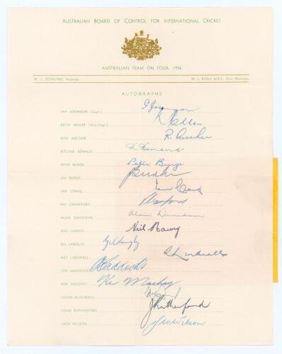 Australia tour to England 1956. Official Australian Board of Control autograph sheet with printed title and players’ names, nicely and fully signed in ink by all seventeen listed playing members of the Australian touring party. Signatures are Johnson (Cap