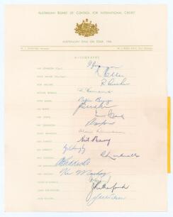 Australia tour to England 1956. Official Australian Board of Control autograph sheet with printed title and players’ names, nicely and fully signed in ink by all seventeen listed playing members of the Australian touring party. Signatures are Johnson (Cap