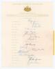 Australia tour to England 1956. Official Australian Board of Control autograph sheet with printed title and players’ names, nicely and fully signed in ink by all seventeen listed playing members of the Australian touring party. Signatures are Johnson (Cap