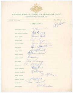 Australian tour of England 1961. Official autograph sheet with printed title and players’ names, fully signed in ink by all seventeen playing members of the touring party, and the Treasurer, Steele. Players’ signatures are Benaud (Captain), Harvey, Booth,