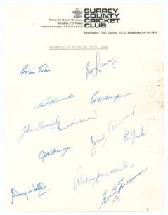 Australian tour of England 1968. Surrey C.C.C. headed paper signed by twelve members of the Australian team. Signatures include Lawry, Taber, Hawke, McKenzie, Mallett, Freeman, Walters, Cowper etc. Minor marks otherwise in good condition