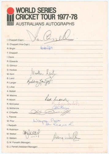 &lsquo;World Series Cricket Tour 1977-78. Australians Autographs&rsquo;. Official autograph sheet with printed title and players&rsquo; names. Signed in different coloured inks by twelve members of the Australian team. Signatures are I. Chappell (Captain), Bright, Kent, La