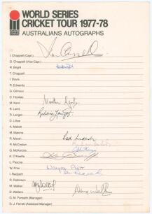 ‘World Series Cricket Tour 1977-78. Australians Autographs’. Official autograph sheet with printed title and players’ names. Signed in different coloured inks by twelve members of the Australian team. Signatures are I. Chappell (Captain), Bright, Kent, La