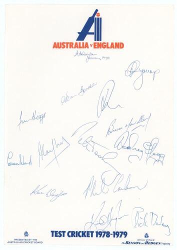 Australian v England 1978/79 Ashes series. Australia v England headed paper signed by the Australian team who played England at Adelaide in January 1979. Twelve signatures including Border, Yallop, Higgs, Yardley, Hogg, Hughes, Wood, Carlson, Hurst etc. G