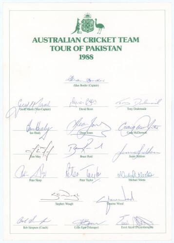 Australian tour to Pakistan 1988. Scarcer official autograph sheet with printed title and players&rsquo; names. Fully signed in ink by all eighteen listed members of the touring party. Players&rsquo; signatures are Border (Captain), Marsh, Boon, Dodemaide, Healy, Jon