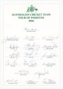 Australian tour to Pakistan 1988. Scarcer official autograph sheet with printed title and players’ names. Fully signed in ink by all eighteen listed members of the touring party. Players’ signatures are Border (Captain), Marsh, Boon, Dodemaide, Healy, Jon