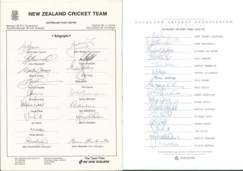 New Zealand tour to Australia 1987/88. Official autograph sheet with printed title and players’ names, fully signed in ink by all seventeen members of the touring party. Players’ signatures are J. Crowe (Captain), Wright, Bracewell, Chatfield, M. Crowe, G