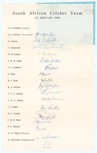 South Africa tour to England 1955. Large official autograph sheet with printed title and players’ names, very nicely signed in ink by sixteen members of the South Africa touring party. Players’ signatures are McGlew, Adcock, Duckworth, Endean, Fuller, God