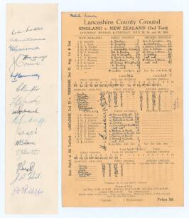 New Zealand tour to England 1949. Narrow paper strip very nicely and fully signed in ink by the sixteen members of the New Zealand touring party. Signatures are Hadlee (Captain), Wallace, Cresswell, Mooney, Cowie, Donnelly, Burke, Smith, Rabone, Sutcliffe