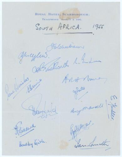 South Africa tour to England 1955. ‘Royal Hotel, Scarborough’ headed page nicely signed in blue ink by fifteen playing members of the South African touring party. Signatures are Cheetham (Captain), McGlew, Duckworth, Endean, Winslow, Heine, Murray, Waite,