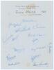 South Africa tour to England 1955. ‘Royal Hotel, Scarborough’ headed page nicely signed in blue ink by fifteen playing members of the South African touring party. Signatures are Cheetham (Captain), McGlew, Duckworth, Endean, Winslow, Heine, Murray, Waite,