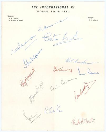 ‘The International XI World Tour 1962’. Scarce autograph sheet on official tour letterhead nicely signed in different coloured inks by fourteen members of the touring party. Signatures are Benaud, Weekes (Captains), Rhodes, Stephenson, Simpson, Marshall, 