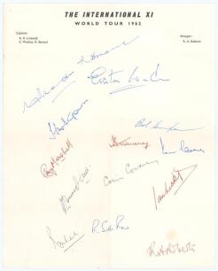 ‘The International XI World Tour 1962’. Scarce autograph sheet on official tour letterhead nicely signed in different coloured inks by fourteen members of the touring party. Signatures are Benaud, Weekes (Captains), Rhodes, Stephenson, Simpson, Marshall, 