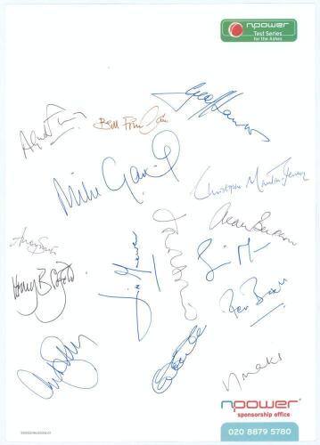 The Ashes. England v Australia c. 2005. ‘npower’ headed page signed by fifteen members of the Test Match Special commentary team. The page is undated but probably for the 2005 Ashes series. Signatures include Angus Fraser, Bill Frindall, Geoff Lawson, Mik