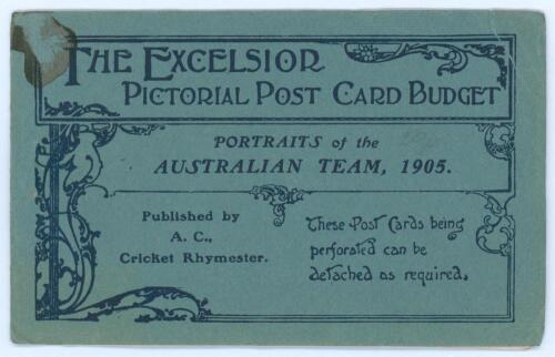 &lsquo;The Excelsior Pictorial Post Card Co. Portraits of the Australian Team 1905&rsquo;. Published by A.C. (Albert Craig) Cricket Rhymester. Blue card booklet with printed titles containing four postcards, featuring thirteen of the Australian players, three (one fo