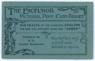 ‘The Excelsior Pictorial Post Card Co. Portraits of the complete English Team who brought home the Ashes’. Published by A.C. (Albert Craig) Cricket Rhymester. Blue card booklet with printed titles containing four postcards, two with three cricketers, two 