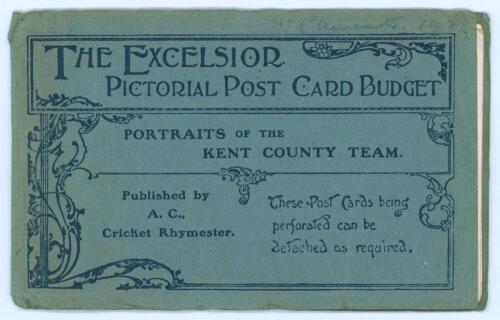 ‘The Excelsior Pictorial Post Card Budget. Portraits of the Kent County Team’ 1904. Published by A.C. (Albert Craig) Cricket Rhymester. Blue card booklet with printed titles containing four postcards featuring twelve of the Kent players, three to a card w