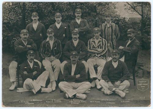 Yorkshire County Cricket Team 1903. Exceptionally large original mono postcard of the team by Delittle, Fenwick & Co., York (The ‘D.F. & Co.’ Series). Titled in white within shield to lower right corner ‘Yorkshire County Cricket Team’ with names of player