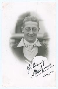 Harry Stanley ‘Stan’ Squires. Surrey 1928-1949. Original mono real photograph postcard of Squires depicted head and shoulders in cameo wearing cricket attire and blazer. Very nicely signed in black ink to the lower margin by Squires. Official stamp to ver