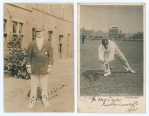 Geoffrey Wilson. Yorkshire & Cambridge University 1919-1924. Sepia real photograph postcard of Wilson standing full length wearing Yorkshire cap and blazer. Signed in ink to the photograph by Wilson. Photographer unknown. Postally unused. Sold with a mono