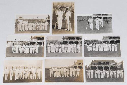Scarborough Cricket Festival 1924-1938. Nine mono real photograph postcards of teams and players at Scarborough. Teams featured are Gentlemen 1924, 1927, C.I. Thornton&rsquo;s XI 1925, Players 1927, M.C.C. 1934, 1938, and H.D.G. Leveson-Gower&rsquo;s XI 1934. Also tw