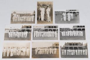 Scarborough Cricket Festival 1924-1938. Nine mono real photograph postcards of teams and players at Scarborough. Teams featured are Gentlemen 1924, 1927, C.I. Thornton’s XI 1925, Players 1927, M.C.C. 1934, 1938, and H.D.G. Leveson-Gower’s XI 1934. Also tw