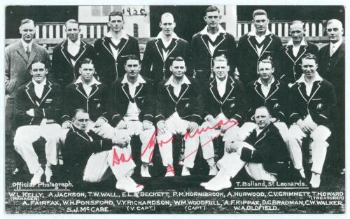 Don Bradman. Mono postcard of the Australia team to England 1930 by E.T.W. Dennis of Scarborough. Signed by Bradman in red ink. The card was obviously sent to Bradman to sign and the question was asked of him ‘Who did you consider the best England player 