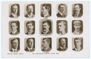 ‘The Australian Cricket Team 1905’. Mono real photograph postcard of the fifteen members of the Australian touring party, each named and arranged in small cameo vignettes on a white background. Philco Series 6003F. Postmarked 1906. Good condition.