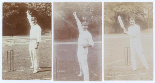 Albert Edward Relf. Sussex, Auckland & England 1900-1921. Early sepia real photograph postcard of Relf standing full length at the wicket in bowling pose wearing Sussex cap. Blind embossed stamp to lower left corner for Foster of Brighton. Minor wear to c