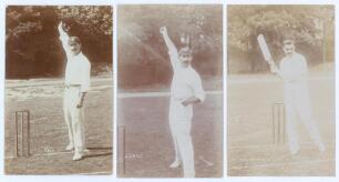 Albert Edward Relf. Sussex, Auckland & England 1900-1921. Early sepia real photograph postcard of Relf standing full length at the wicket in bowling pose wearing Sussex cap. Blind embossed stamp to lower left corner for Foster of Brighton. Minor wear to c