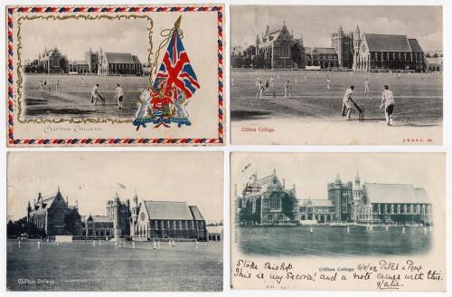 Clifton College Cricket Ground 1903-1950s. Seven mono postcards, mainly real photographs, all featuring cricket at Clifton College. Includes two published by J.B. & S.C., one, a rare and beautiful postcard with red, white and blue decorative raised border