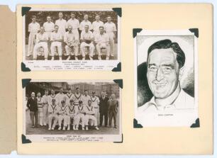 Team and player postcards 1936-1947. Album comprising ten mono real photograph postcards, all loose mounted to pages. Subjects include team photographs of All India touring party 1936, Australia 1938, Middlesex 1947, Surrey 1936 & 1947, South Africa 1935 