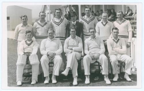 Somerset C.C.C. 1938. Mono real photograph plain back photograph of the Somerset team seated and standing in rows wearing cricket attire. Official stamp to verso for A. Wilkes & Son, West Bromwich, with typed label with players’ names including Longrigg (