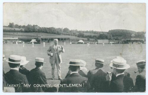 Albert Craig ‘The Surrey Poet’. Mono postcard of Craig standing at the boundary reciting a poem to a group of spectators wearing boaters, a match in progress in the background. Titled ‘(Kent) “My County, Gentlemen!”’. Postally used, the correspondent writ