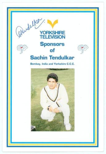 Sachin Tendulkar. ‘Yorkshire Television. Sponsors of Sachin Tendulkar, Bombay, India and Yorkshire C.C.C.’ Original sponsors advertising card with biography to verso, signed to front by Tendulkar. Very good condition