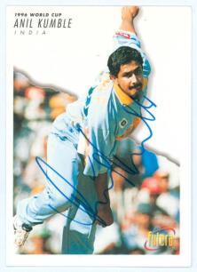 Anil Kumble. India. 1996 World Cup. Official ‘ACB’ Futera 1996 collectors’ card of Kumble, series no. 47, nicely signed by Kumble. Very good condition.