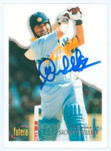 Sachin Tendulkar. India. 1996 World Cup. Official ‘ACB’ Futera 1996 collectors’ card of Tendulkar, series no. 34, nicely signed by Tendulkar. Very good condition. Rare