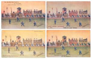 ‘Our Local Express’. Selection of four comic colour cricket postcards showing a slow moving train to backgound with a cricket match in the foreground. Titles are ‘Our Local Express-Chirk to Glyn Ceirog’, ‘- Thaxted to Elsensham (in the future)’, at Cariga