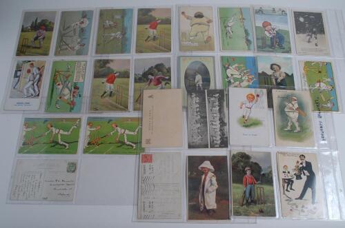 Comedy cricket postcards. Excellent selection of fifty, mainly, turn of the century postcards, four from Lance Thackeray’s ‘At the Wicket’ series, eleven Philco cards of boy cricketers from original artwork by ‘J.W.G.’.’five Kinsella ‘Boy Cricketer’, four