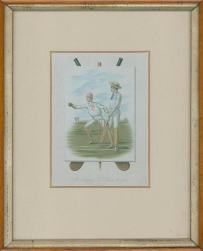 ‘A Happy New Year to you’. A Victorian ‘New Year’ greetings card picturing a batsman and a wicket-keeper with stumps and bats to background. Mounted, framed and glazed. Overall 10.25”x12”. Previously held in the M.C.C. Collection and sold as lot 260 in th