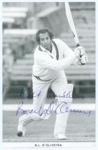 Basil Lewis D’Oliveira. Worcestershire, Eastern Province & England 1964-1980. Mono postcard of D’Oliveira in batting action, signed to the front by D’Oliveira. J/V Cricket Series Set 2. Very good condition. Sold with an official Order of Service of Thanks