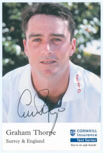 Graham Thorpe. A Cornhill Insurance collectors’ card Series ‘J’ of Thorpe, signed by Thorpe. Sold with a flyer for the County Championship match, Middlesex v Surrey, Uxbridge, 9th- 11th September 1981 signed in ink by eighteen players. Signatures includ