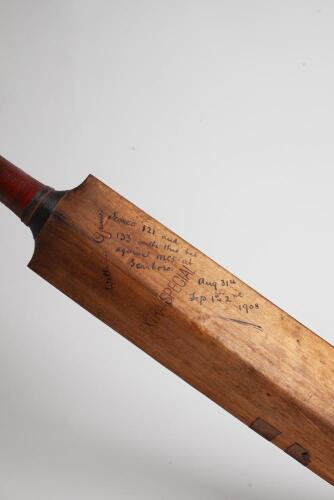 David Denton. Yorkshire & England 1894-1920. Gunn & Moore ‘The Autograph’ cricket bat used by Denton in the 1908 cricket season scoring two consecutive centuries for Yorkshire against M.C.C. at Scarborough in August and September 1908. The bat is inscribe